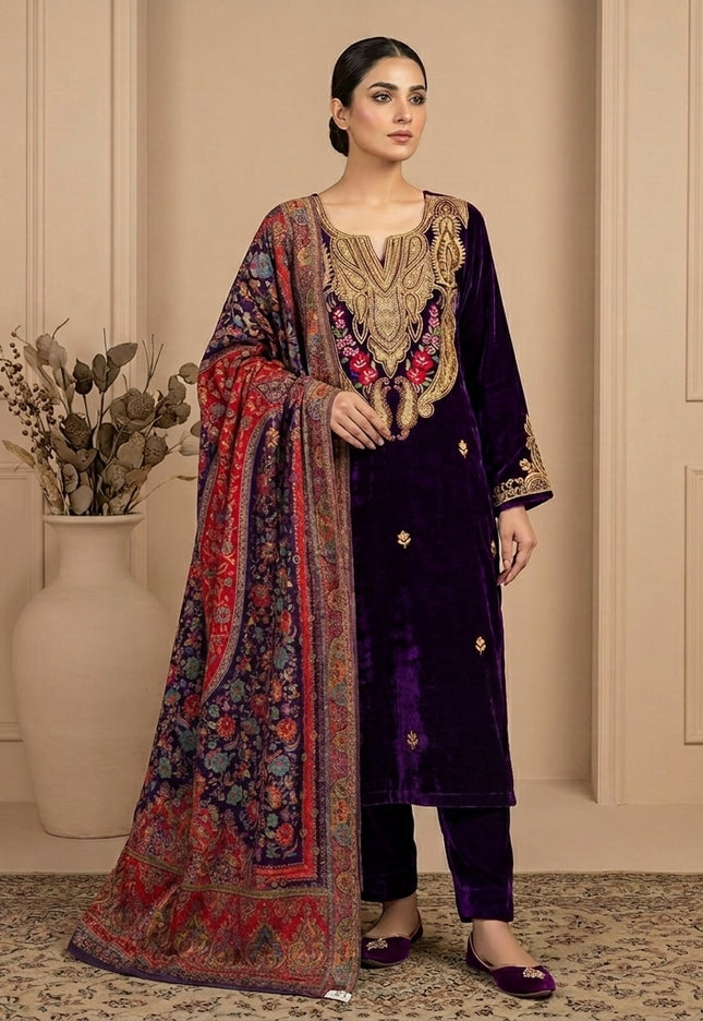 Tilla Embroidered French Velvet with Pure Indian Kani Shawl 3Pc/2Pc Unstitched