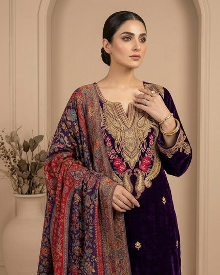 Kashimiri Embroidered French Velvet with Pure Indian Kani Shawl 3Pc/2Pc Unstitched