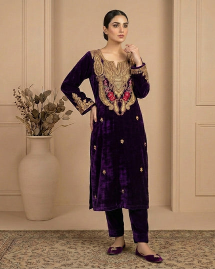 Tilla Embroidered French Velvet with Pure Indian Kani Shawl 3Pc/2Pc Unstitched