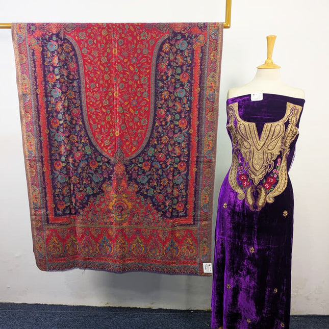 Tilla Embroidered French Velvet with Pure Indian Kani Shawl 3Pc/2Pc Unstitched