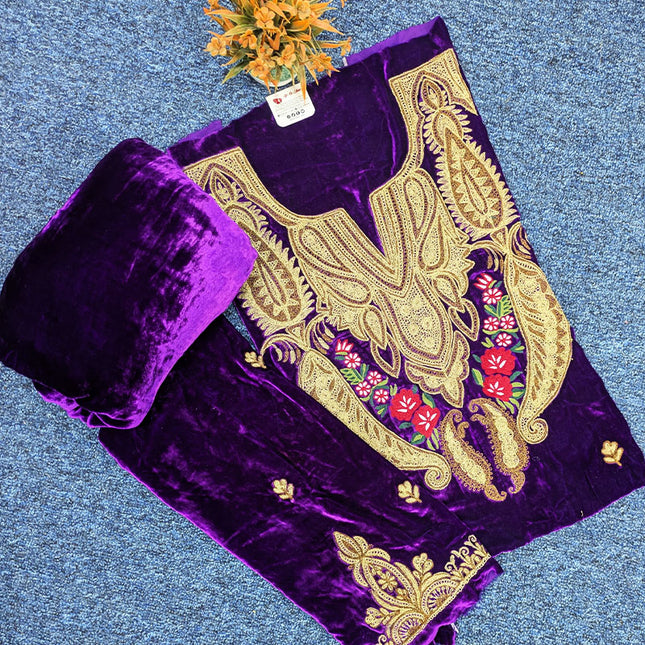 Tilla Embroidered French Velvet with Pure Indian Kani Shawl 3Pc/2Pc Unstitched