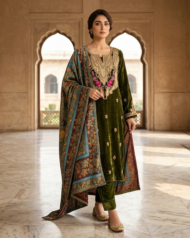 Tilla Embroidered French Velvet with Pure Indian Kani Shawl 3Pc/2Pc Unstitched