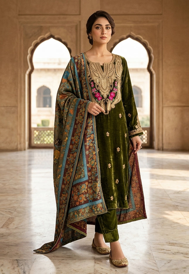 Kashimiri Embroidered French Velvet with Pure Indian Kani Shawl 3Pc/2Pc Unstitched