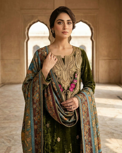 Kashimiri Embroidered French Velvet with Pure Indian Kani Shawl 3Pc/2Pc Unstitched