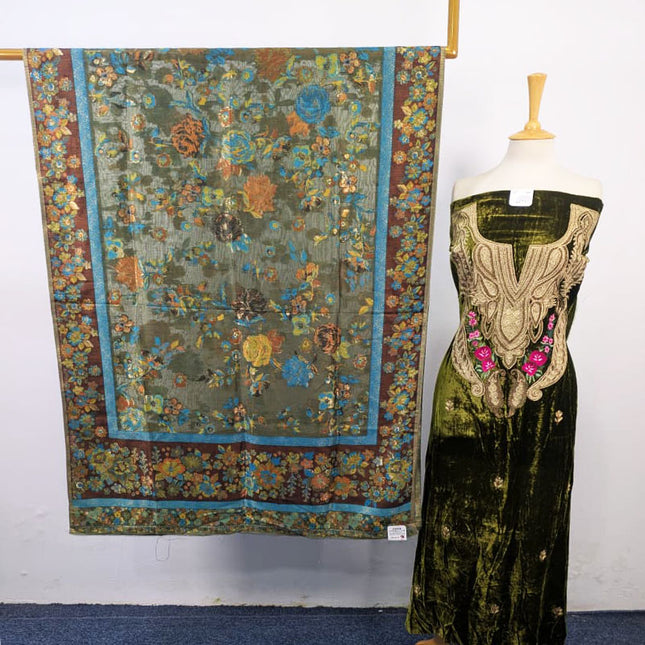 Tilla Embroidered French Velvet with Pure Indian Kani Shawl 3Pc/2Pc Unstitched
