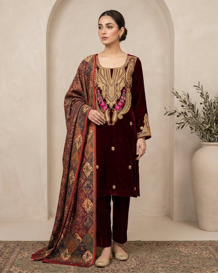 Tilla Embroidered French Velvet with Pure Indian Kani Shawl 3Pc/2Pc Unstitched