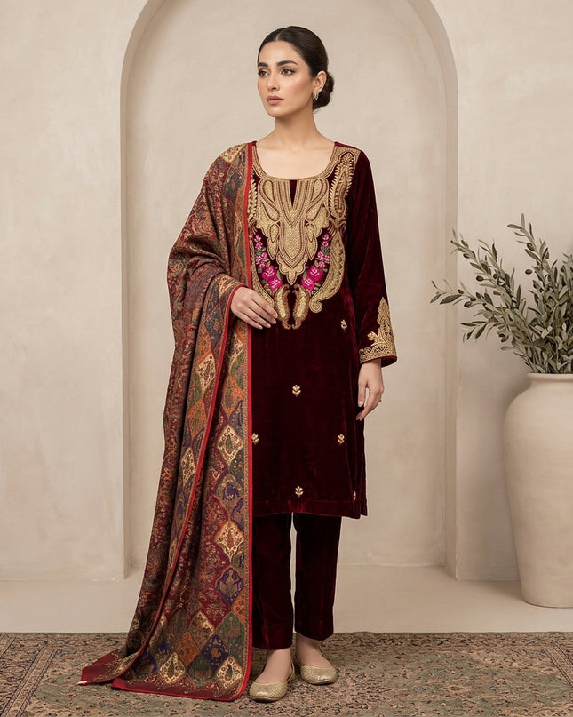 Tilla Embroidered French Velvet with Pure Indian Kani Shawl 3Pc/2Pc Unstitched