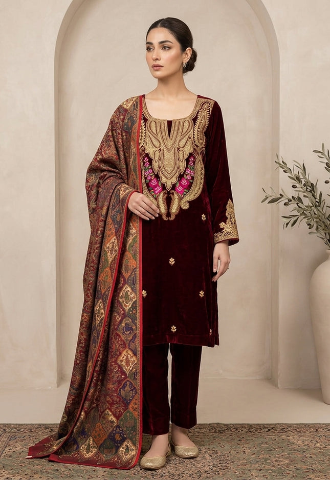 Tilla Embroidered French Velvet with Pure Indian Kani Shawl 3Pc/2Pc Unstitched