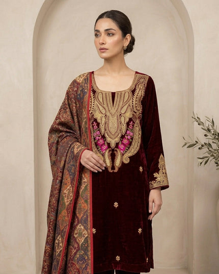 Tilla Embroidered French Velvet with Pure Indian Kani Shawl 3Pc/2Pc Unstitched