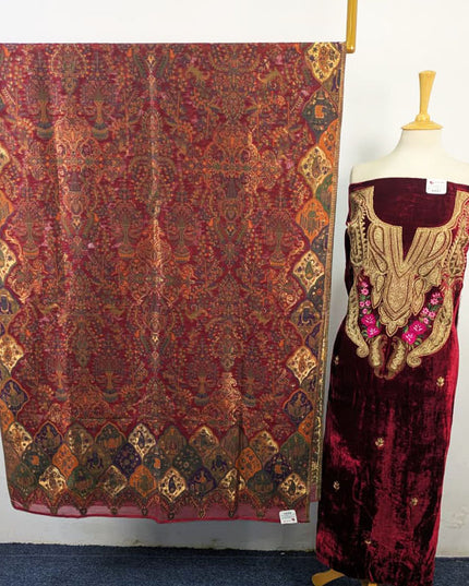 Tilla Embroidered French Velvet with Pure Indian Kani Shawl 3Pc/2Pc Unstitched