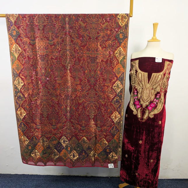 Tilla Embroidered French Velvet with Pure Indian Kani Shawl 3Pc/2Pc Unstitched