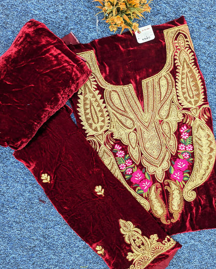Tilla Embroidered French Velvet with Pure Indian Kani Shawl 3Pc/2Pc Unstitched