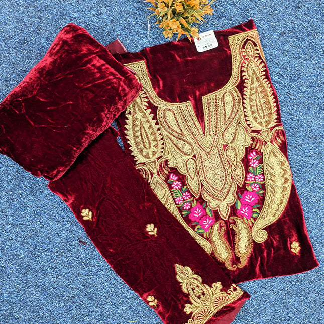 Tilla Embroidered French Velvet with Pure Indian Kani Shawl 3Pc/2Pc Unstitched
