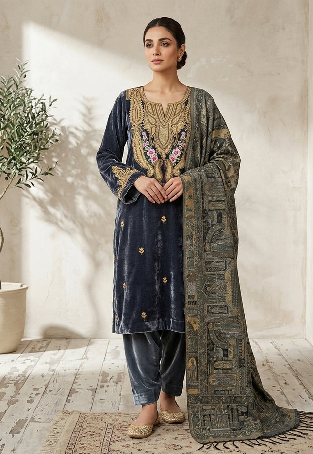 Tilla Embroidered French Velvet with Pure Indian Kani Shawl 3Pc/2Pc Unstitched