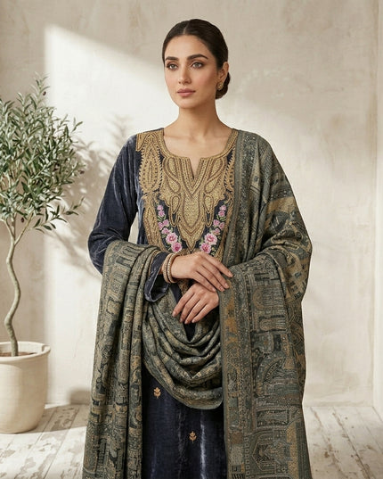 Tilla Embroidered French Velvet with Pure Indian Kani Shawl 3Pc/2Pc Unstitched