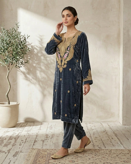 Tilla Embroidered French Velvet with Pure Indian Kani Shawl 3Pc/2Pc Unstitched