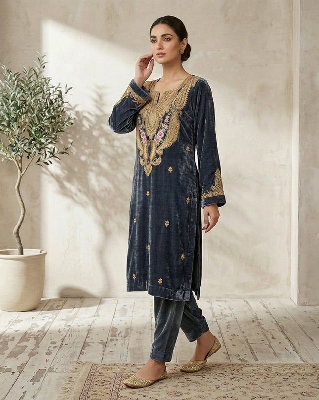 Tilla Embroidered French Velvet with Pure Indian Kani Shawl 3Pc/2Pc Unstitched