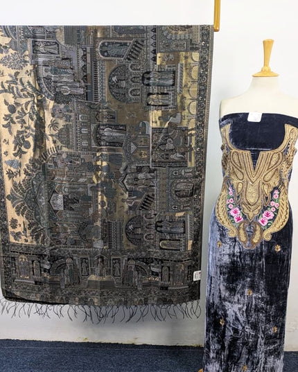 Tilla Embroidered French Velvet with Pure Indian Kani Shawl 3Pc/2Pc Unstitched