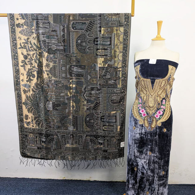 Tilla Embroidered French Velvet with Pure Indian Kani Shawl 3Pc/2Pc Unstitched