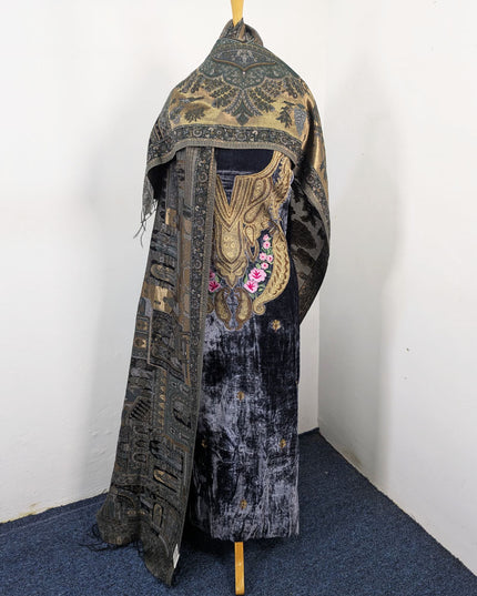 Tilla Embroidered French Velvet with Pure Indian Kani Shawl 3Pc/2Pc Unstitched