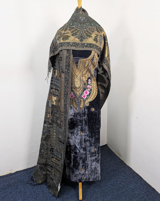 Tilla Embroidered French Velvet with Pure Indian Kani Shawl 3Pc/2Pc Unstitched