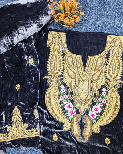 Tilla Embroidered French Velvet with Pure Indian Kani Shawl 3Pc/2Pc Unstitched