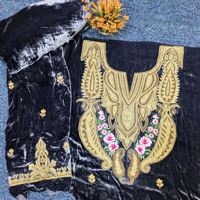 Tilla Embroidered French Velvet with Pure Indian Kani Shawl 3Pc/2Pc Unstitched