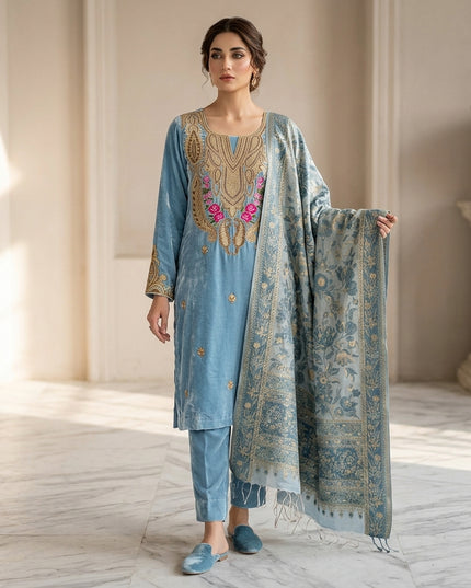 Tilla Embroidered French Velvet with Pure Indian Kani Shawl 3Pc/2Pc Unstitched