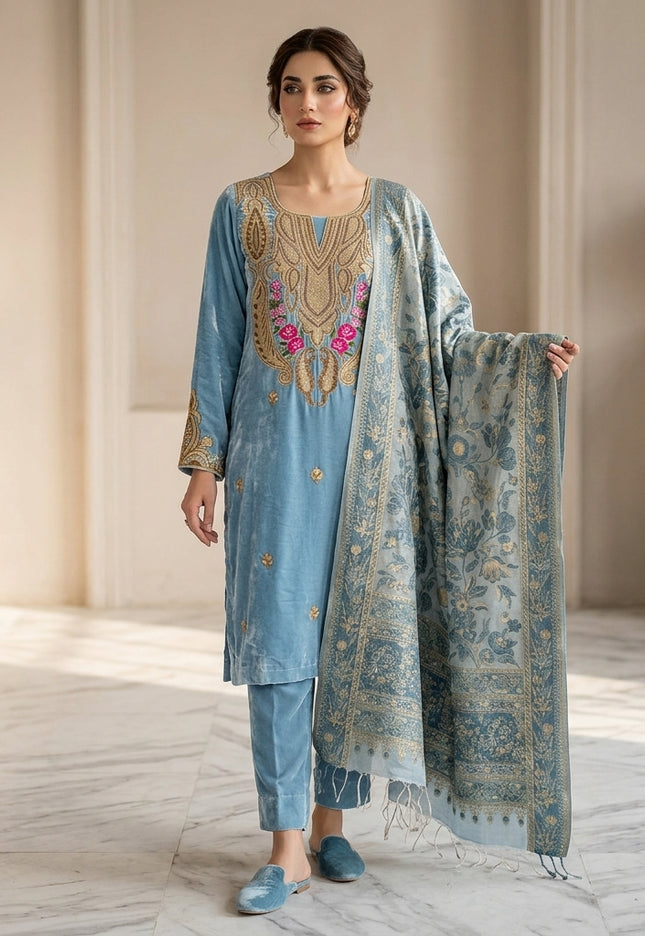 Tilla Embroidered French Velvet with Pure Indian Kani Shawl 3Pc/2Pc Unstitched