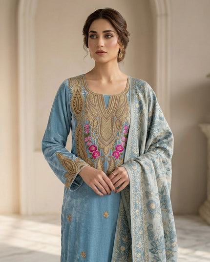 Tilla Embroidered French Velvet with Pure Indian Kani Shawl 3Pc/2Pc Unstitched
