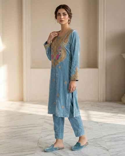 Tilla Embroidered French Velvet with Pure Indian Kani Shawl 3Pc/2Pc Unstitched