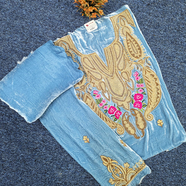 Tilla Embroidered French Velvet with Pure Indian Kani Shawl 3Pc/2Pc Unstitched