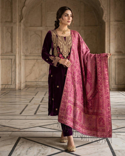 Tilla Embroidered French Velvet with Pure Indian Kani Shawl 3Pc/2Pc Unstitched