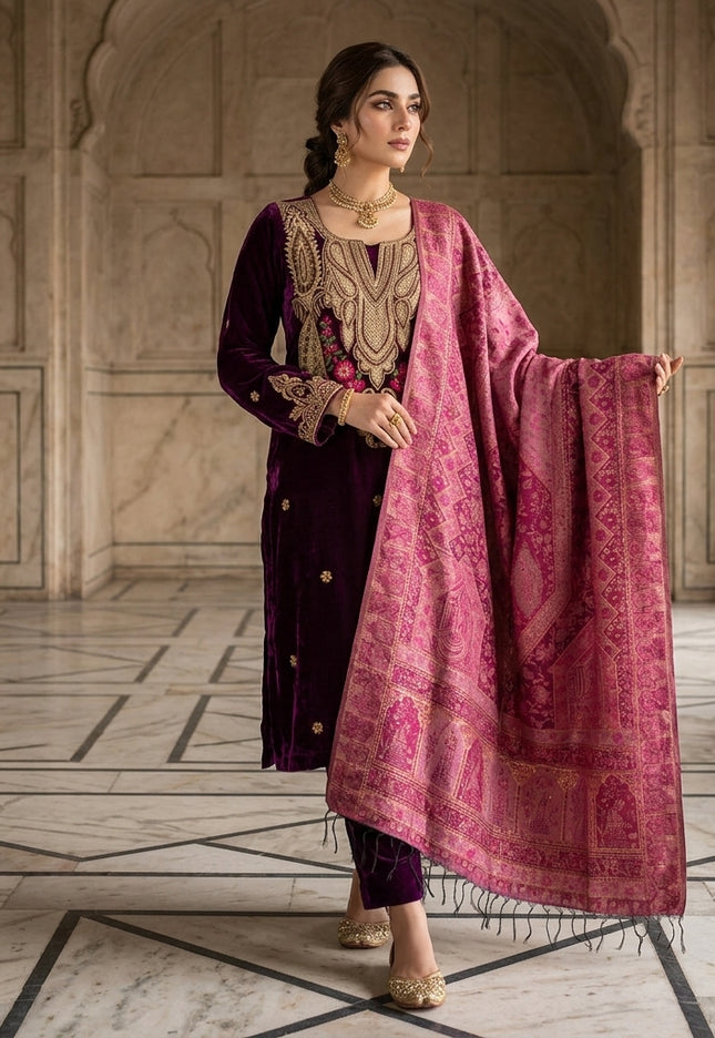 Tilla Embroidered French Velvet with Pure Indian Kani Shawl 3Pc/2Pc Unstitched