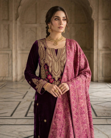 Tilla Embroidered French Velvet with Pure Indian Kani Shawl 3Pc/2Pc Unstitched