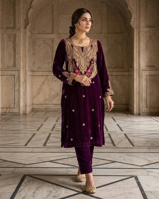 Tilla Embroidered French Velvet with Pure Indian Kani Shawl 3Pc/2Pc Unstitched