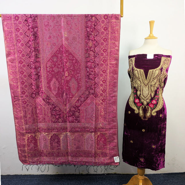 Tilla Embroidered French Velvet with Pure Indian Kani Shawl 3Pc/2Pc Unstitched