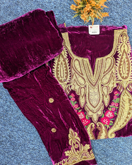 Tilla Embroidered French Velvet with Pure Indian Kani Shawl 3Pc/2Pc Unstitched
