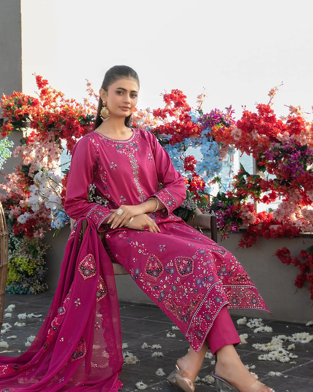 Fancy Embroidered Lawn with Chiffon Dupatta 3Pc - Tawakkal 2026