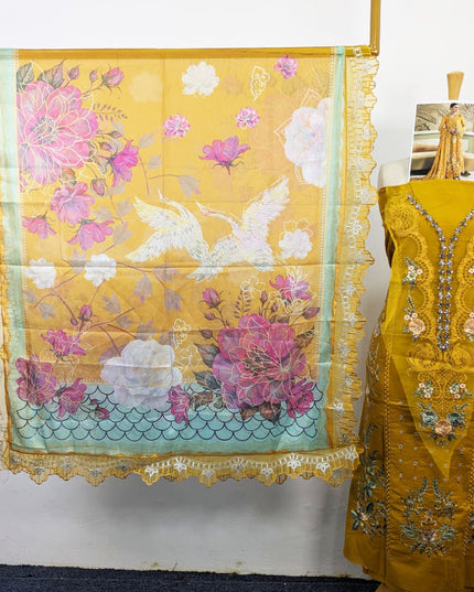 Embroidered Chikankari Work Lawn with Silk Dupatta 3Pc - daa. Vol-2018