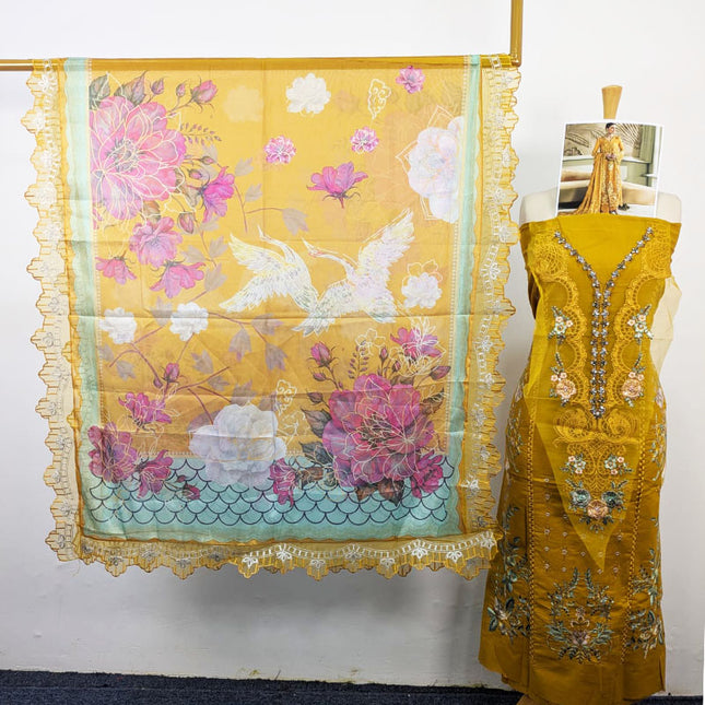 Embroidered Chikankari Work Lawn with Silk Dupatta 3Pc - daa. Vol-2018