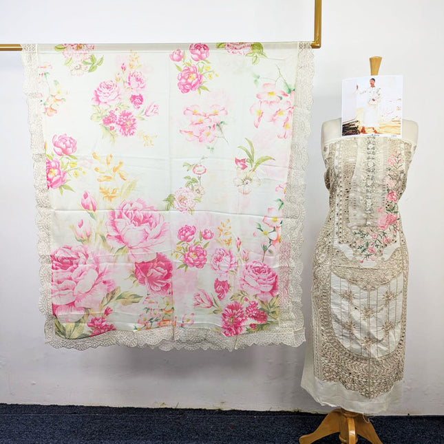 Fancy Embroidered Chikankari Work Lawn with Silk Dupatta 3Pc - daa. Vol-2000