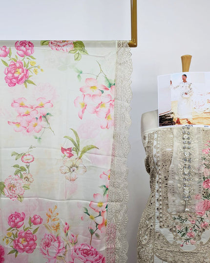 Fancy Embroidered Chikankari Work Lawn with Silk Dupatta 3Pc - daa. Vol-2000