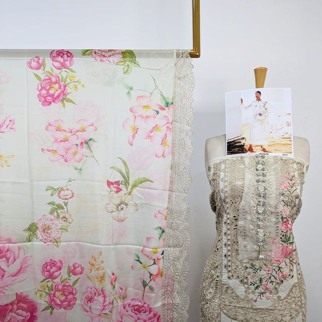 Fancy Embroidered Chikankari Work Lawn with Silk Dupatta 3Pc - daa. Vol-2000