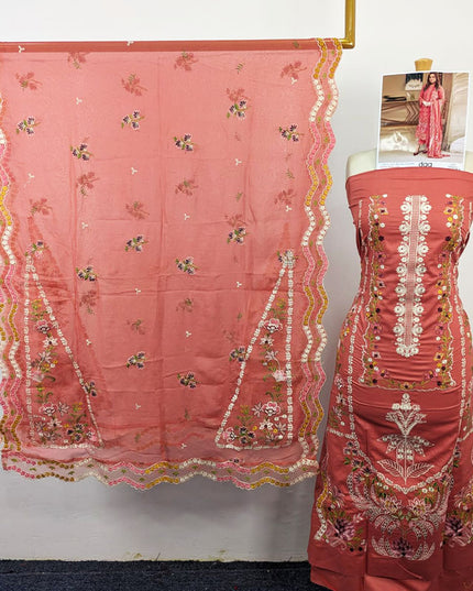 Embroidered Chikankari Work Lawn with Silk Dupatta 3Pc - daa. Vol-2039