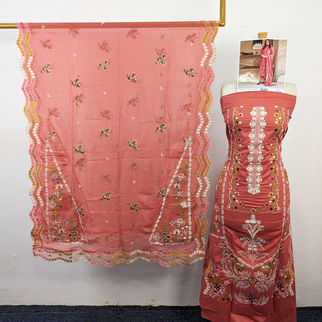 Embroidered Chikankari Work Lawn with Silk Dupatta 3Pc - daa. Vol-2039