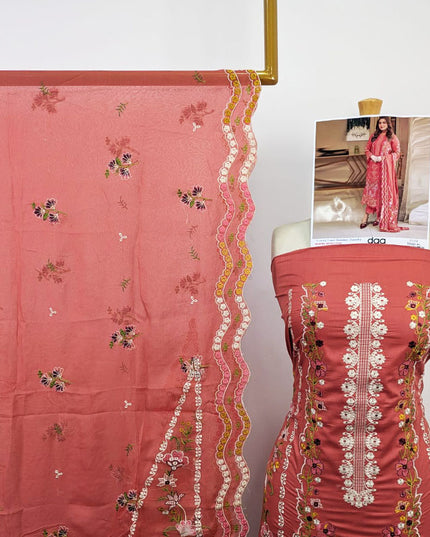 Embroidered Chikankari Work Lawn with Silk Dupatta 3Pc - daa. Vol-2039