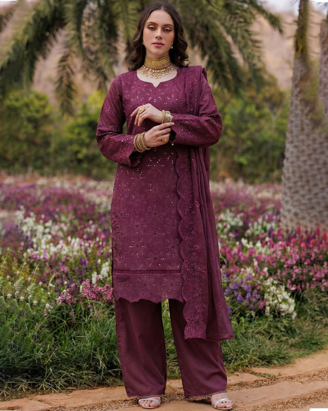 Fancy Sequins Chikankari Work Lawn 3Pc Unstitched - Abisha Fabrics