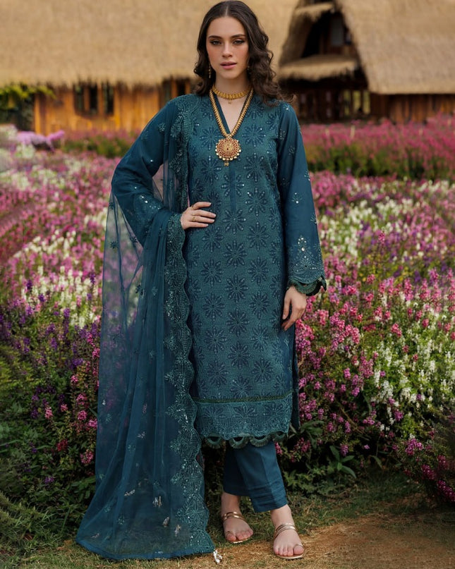 Fancy Sequins Chikankari Work Lawn 3Pc Unstitched - Abisha Fabrics