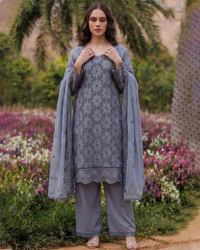 Fancy Sequins Chikankari Work Lawn 3Pc Unstitched - Abisha Fabrics